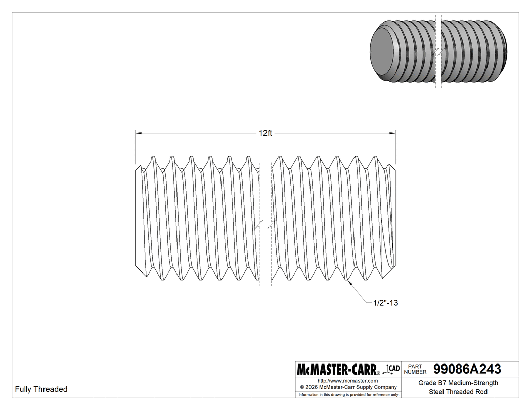 Technical Drawing of Grade B7 Medium-Strength Steel Threaded Rod, Zinc Yellow-Chromate Plated, 1/2"-13 Thread Size, 12 Feet Long.
